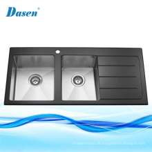 Geformte Double Bowl Edelstahl gehärtetem gehärtetem Glas Panel Küche Spüle